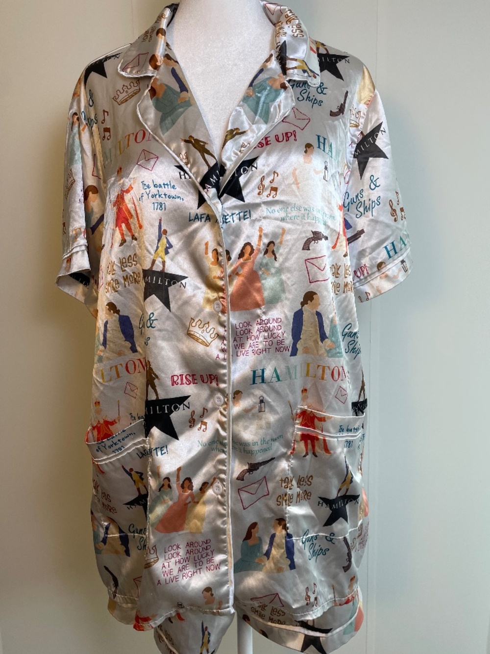 Hamilton the Musical Silky Satin Pajama Set Top Shorts Cream Multi Size XL